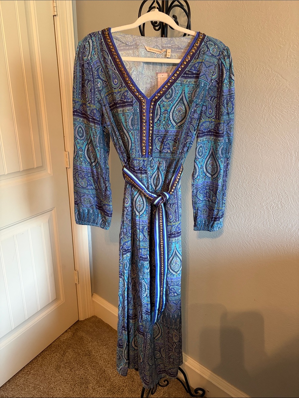 Soft Surroundings Blue Paisley V-Neck Maxi Dress with Belt